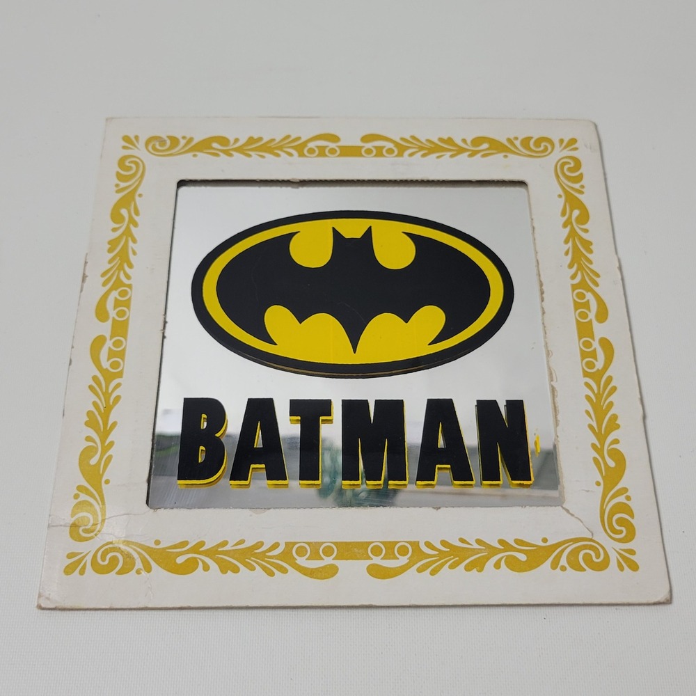 Vintage Batman Glass Carnival Prize Mirror 8x8 DC Comics Bat Signal Logo Decor